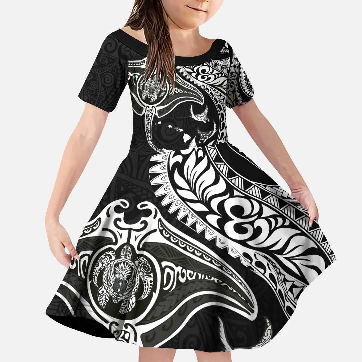 Hawaiian Manta Ray and Polynesian Tribal Tattoo Kid Short Sleeve Dress Black Color LT03