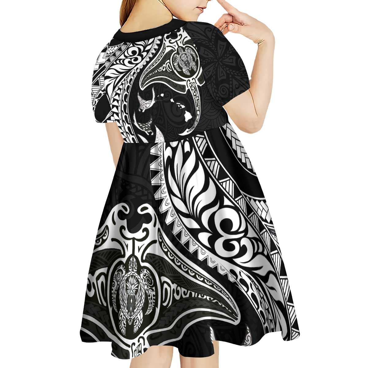 Hawaiian Manta Ray and Polynesian Tribal Tattoo Kid Short Sleeve Dress Black Color LT03