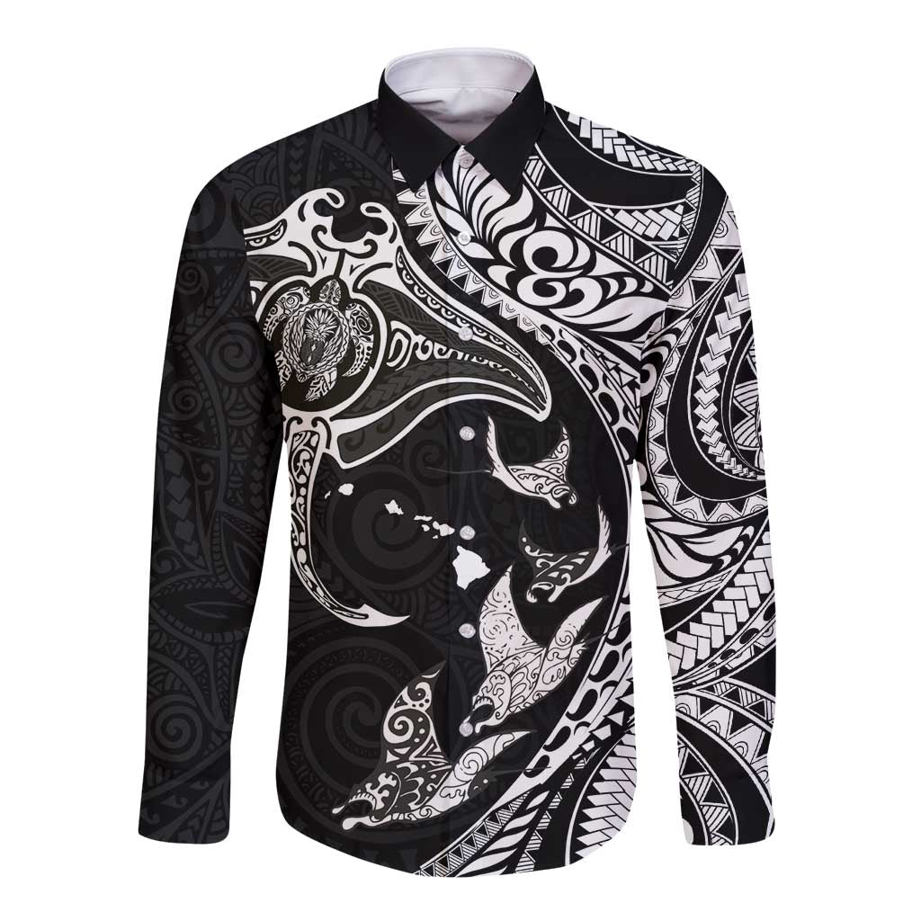 Hawaiian Manta Ray and Polynesian Tribal Tattoo Long Sleeve Button Shirt Black Color LT03