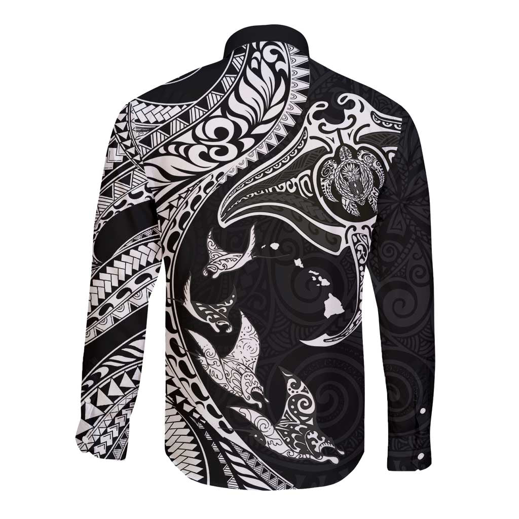 Hawaiian Manta Ray and Polynesian Tribal Tattoo Long Sleeve Button Shirt Black Color LT03