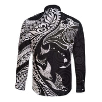 Hawaiian Manta Ray and Polynesian Tribal Tattoo Long Sleeve Button Shirt Black Color LT03