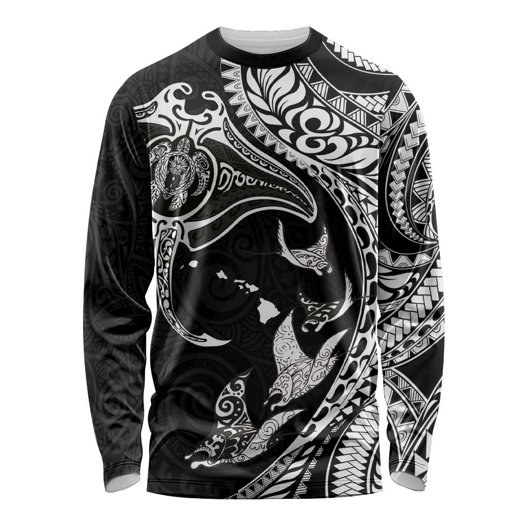 Hawaiian Manta Ray and Polynesian Tribal Tattoo Long Sleeve Shirt Black Color LT03