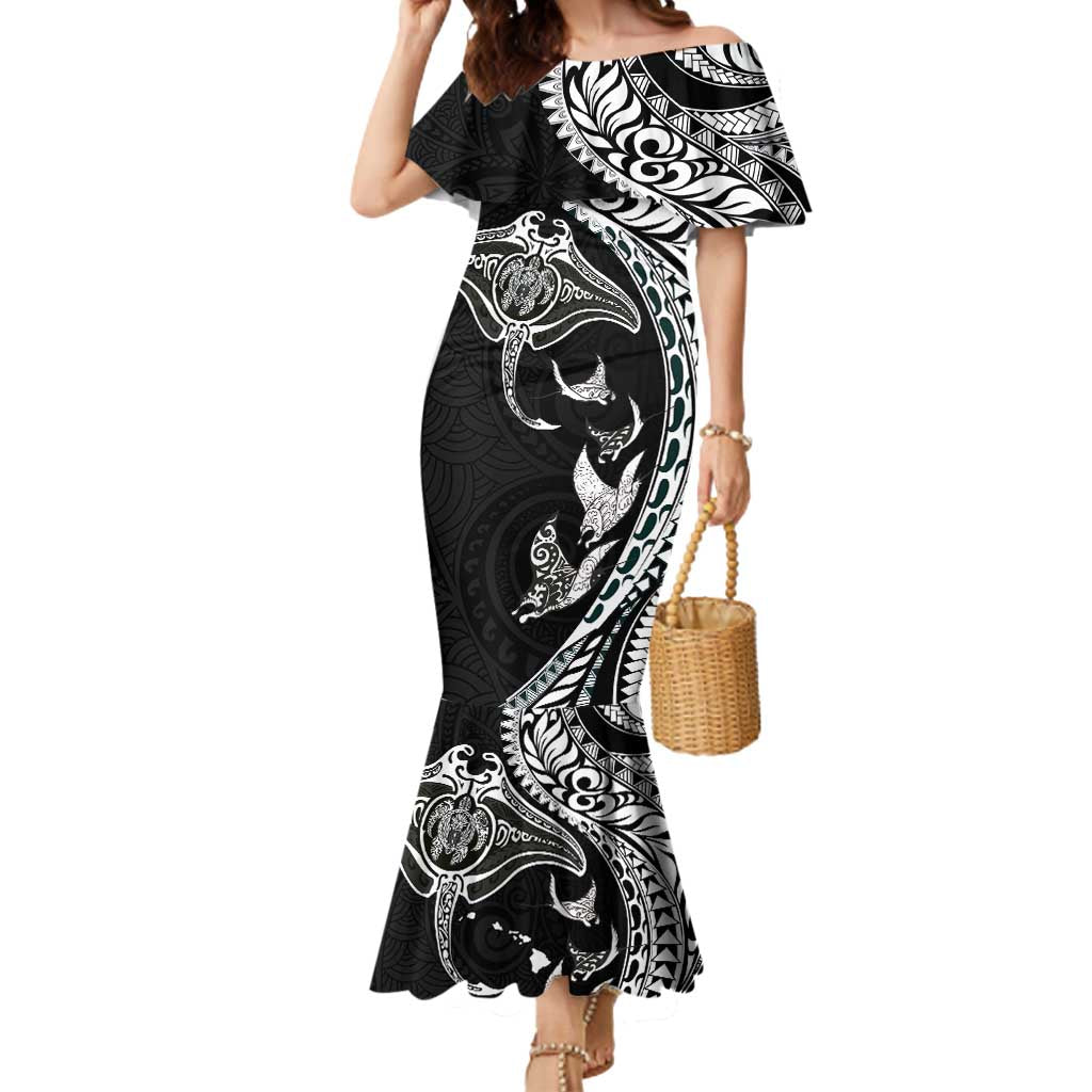 Hawaiian Manta Ray and Polynesian Tribal Tattoo Mermaid Dress Black Color LT03