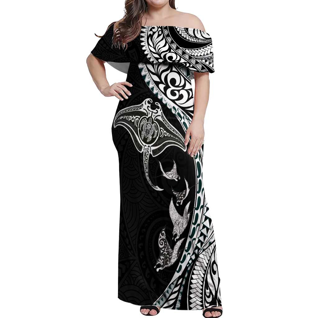 Hawaiian Manta Ray and Polynesian Tribal Tattoo Off Shoulder Maxi Dress Black Color LT03 Women Black - Polynesian Pride