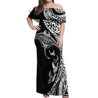 Hawaiian Manta Ray and Polynesian Tribal Tattoo Off Shoulder Maxi Dress Black Color LT03 Women Black - Polynesian Pride