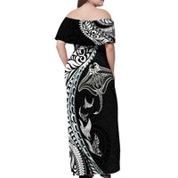 Hawaiian Manta Ray and Polynesian Tribal Tattoo Off Shoulder Maxi Dress Black Color LT03 - Polynesian Pride