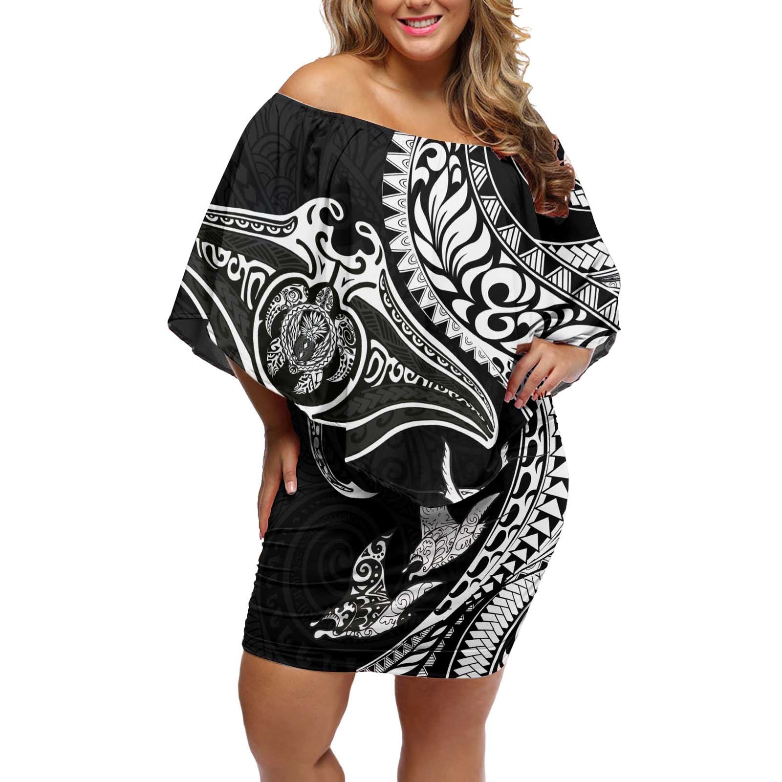 Hawaiian Manta Ray and Polynesian Tribal Tattoo Off Shoulder Short Dress Black Color LT03 Women Black - Polynesian Pride