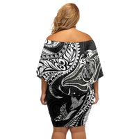 Hawaiian Manta Ray and Polynesian Tribal Tattoo Off Shoulder Short Dress Black Color LT03 - Polynesian Pride