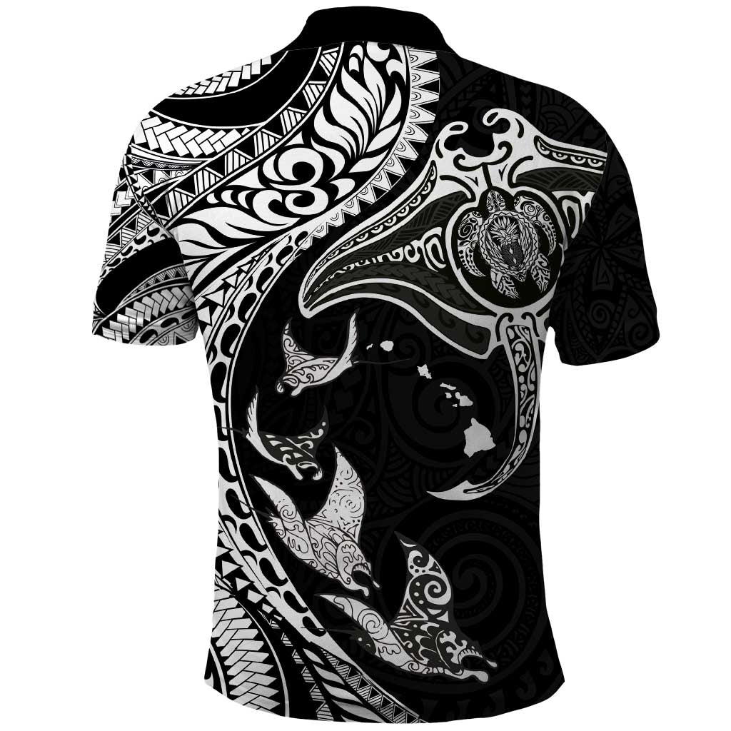 Hawaiian Manta Ray and Polynesian Tribal Tattoo Polo Shirt - Black Color LT03 - Polynesian Pride