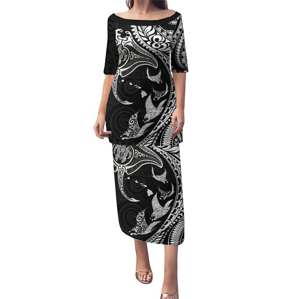 Hawaiian Manta Ray and Polynesian Tribal Tattoo Puletasi Black Color LT03 Long Dress Black - Polynesian Pride