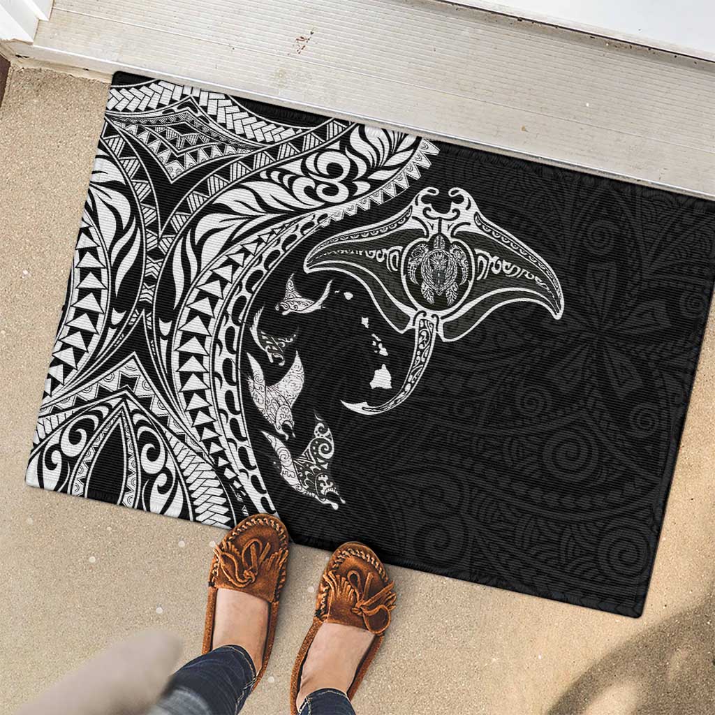 Hawaiian Manta Ray and Polynesian Tribal Tattoo Rubber Doormat Black Color LT03 - Polynesian Pride