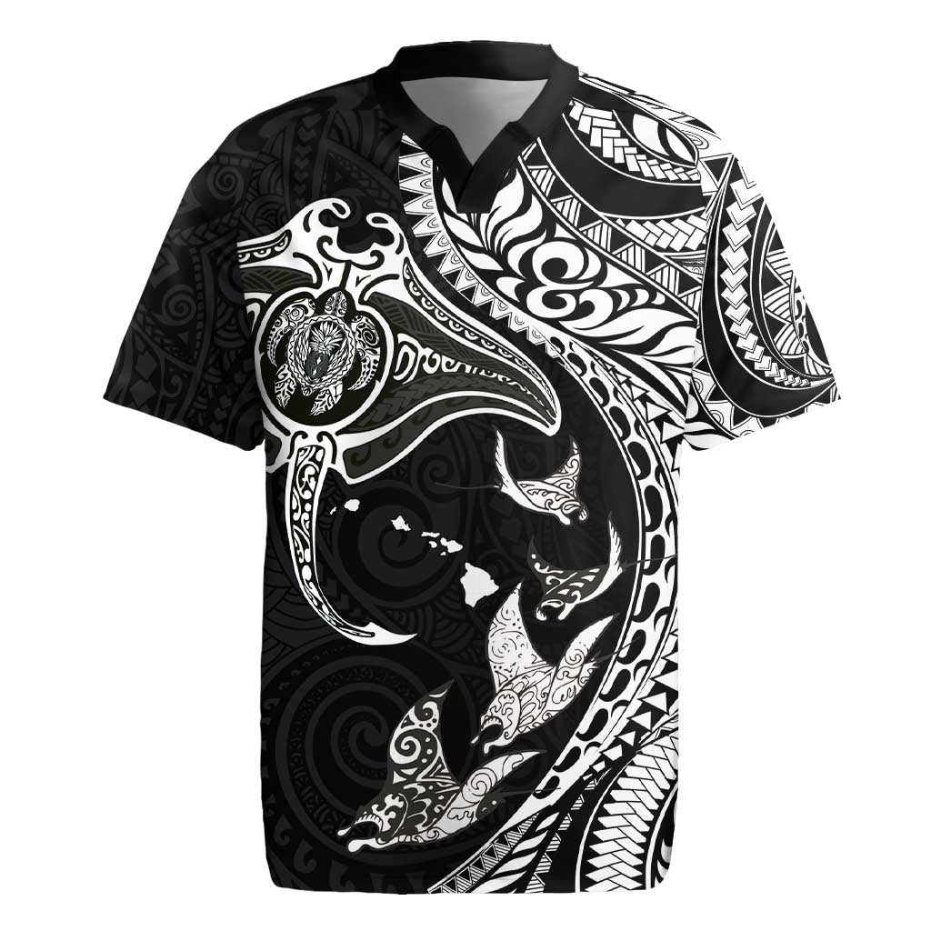 Hawaiian Manta Ray and Polynesian Tribal Tattoo Rugby Jersey Black Color LT03 Black - Polynesian Pride