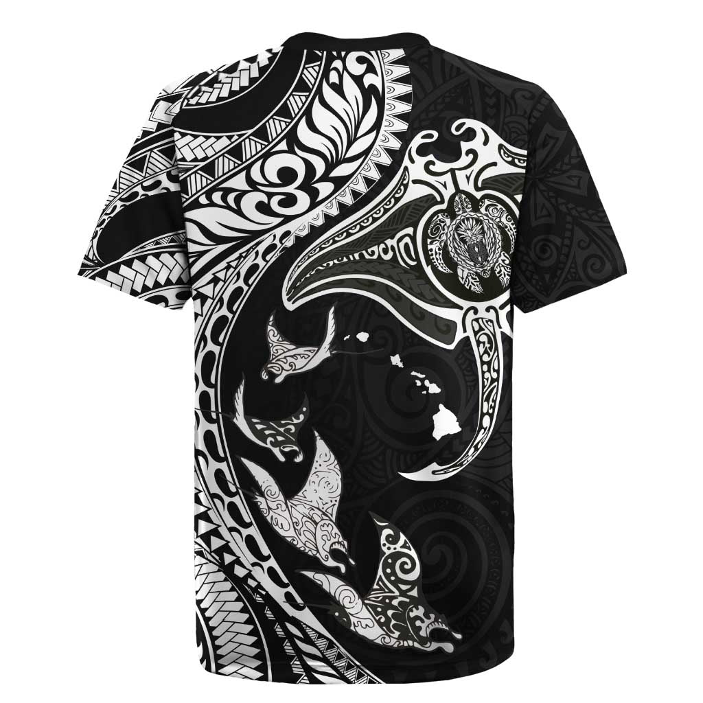 Hawaiian Manta Ray and Polynesian Tribal Tattoo Rugby Jersey Black Color LT03 - Polynesian Pride