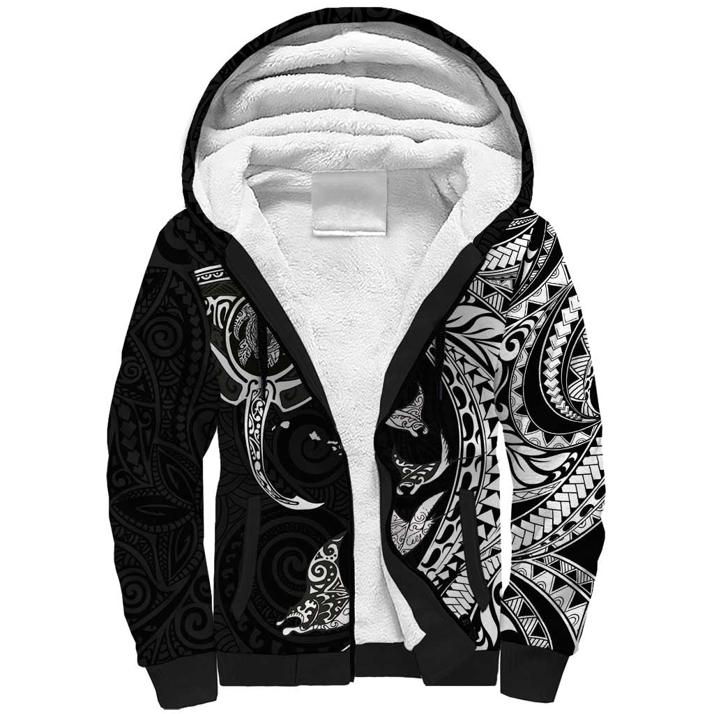 Hawaiian Manta Ray and Polynesian Tribal Tattoo Sherpa Hoodie Black Color LT03 Unisex Black - Polynesian Pride