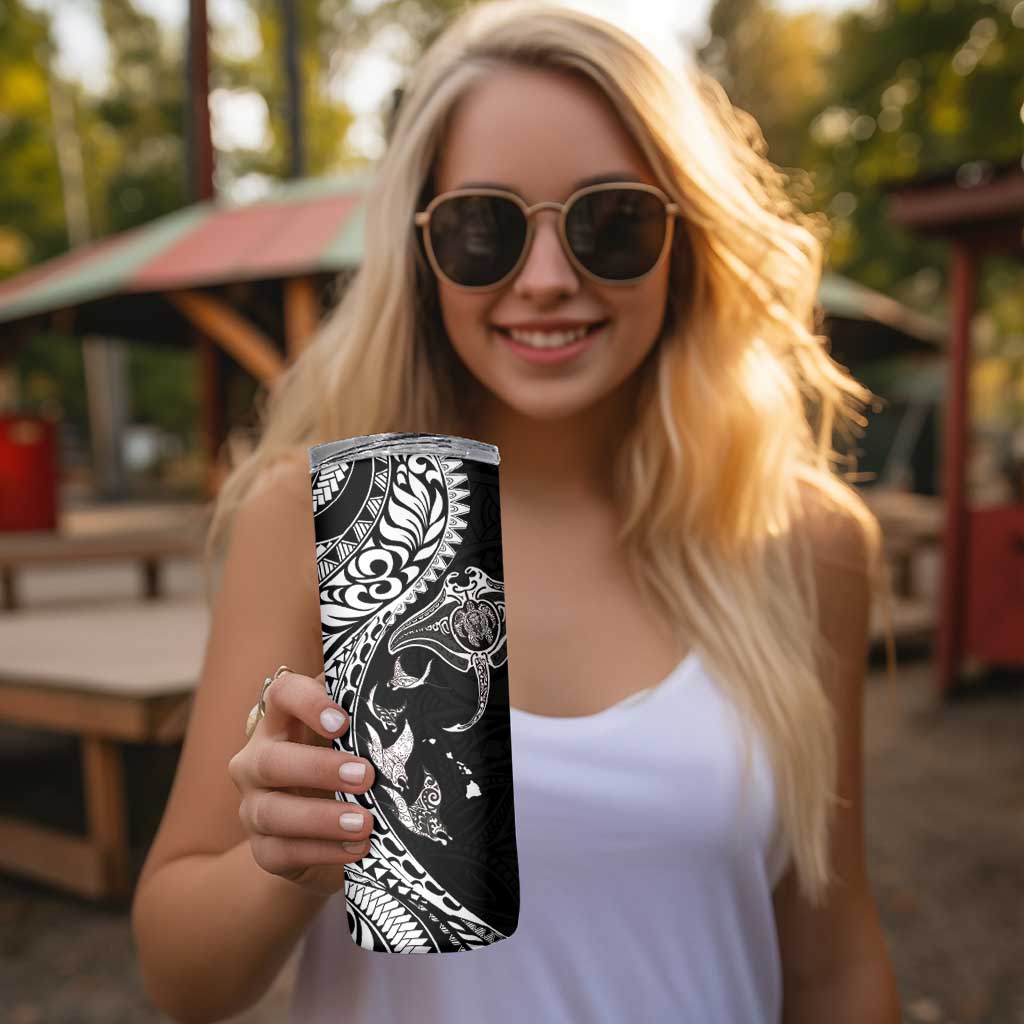 Hawaiian Manta Ray and Polynesian Tribal Tattoo Skinny Tumbler Black Color