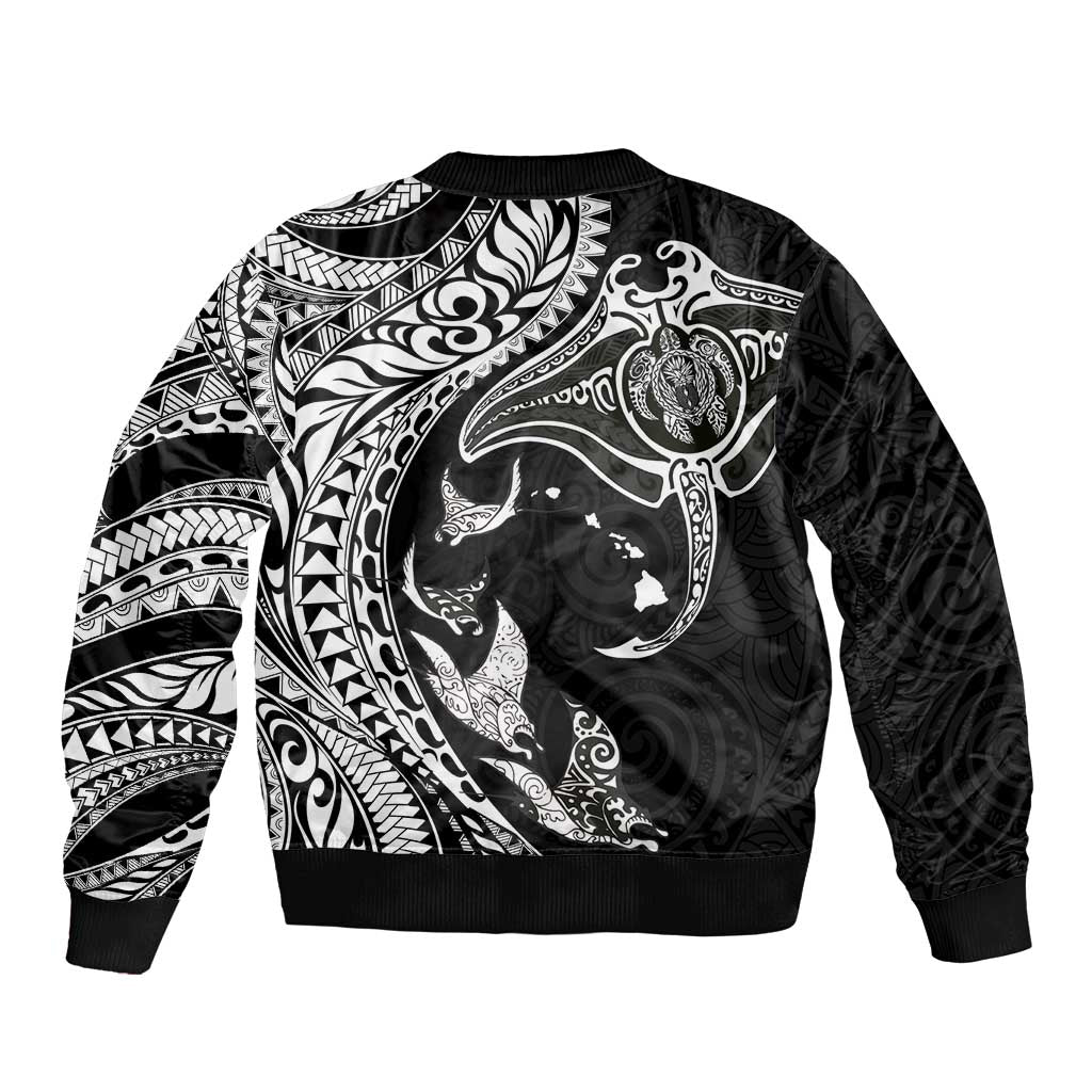 Hawaiian Manta Ray and Polynesian Tribal Tattoo Sleeve Zip Bomber Jacket Black Color LT03