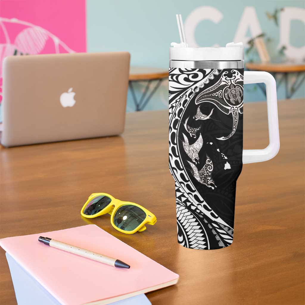 Hawaiian Manta Ray and Polynesian Tribal Tattoo Tumbler With Handle Black Color