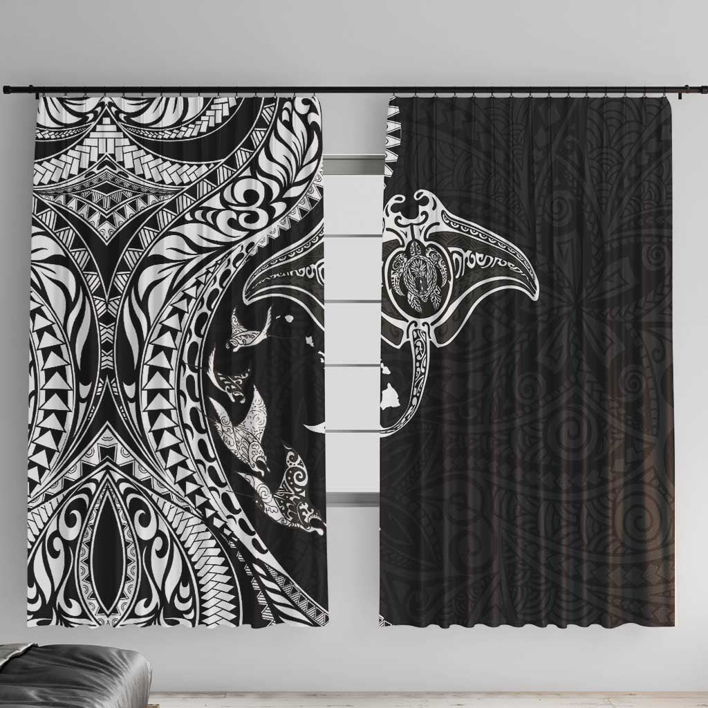 Hawaiian Manta Ray and Polynesian Tribal Tattoo Window Curtain Black Color LT03 With Hooks Black - Polynesian Pride