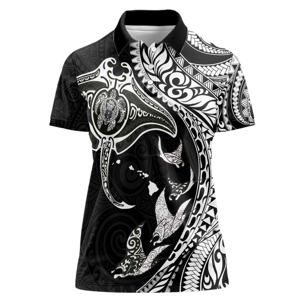 Hawaiian Manta Ray and Polynesian Tribal Tattoo Women Polo Shirt Black Color LT03