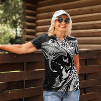 Hawaiian Manta Ray and Polynesian Tribal Tattoo Women Polo Shirt Black Color LT03