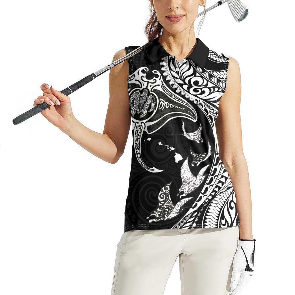 Hawaiian Manta Ray and Polynesian Tribal Tattoo Women Sleeveless Polo Shirt Black Color LT03