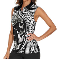 Hawaiian Manta Ray and Polynesian Tribal Tattoo Women Sleeveless Polo Shirt Black Color LT03