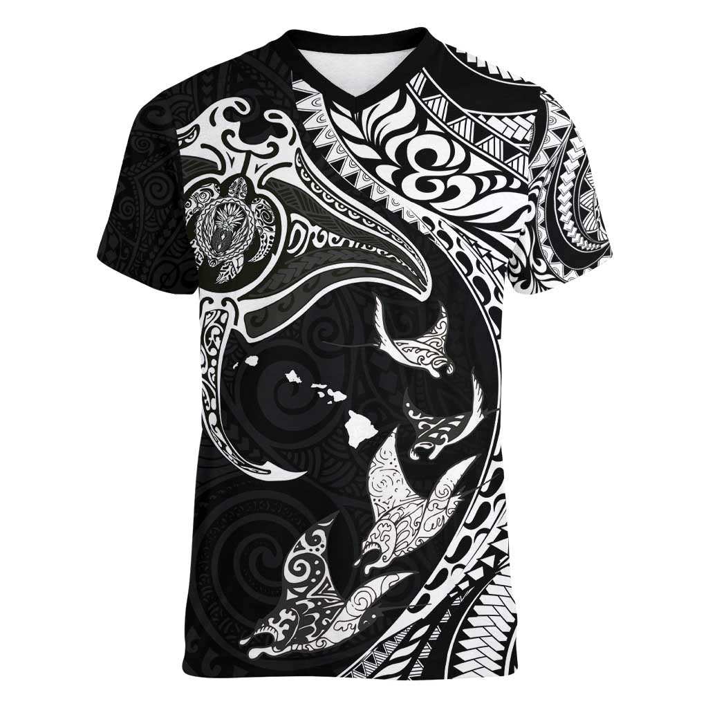 Hawaiian Manta Ray and Polynesian Tribal Tattoo Women V-Neck T-Shirt Black Color LT03