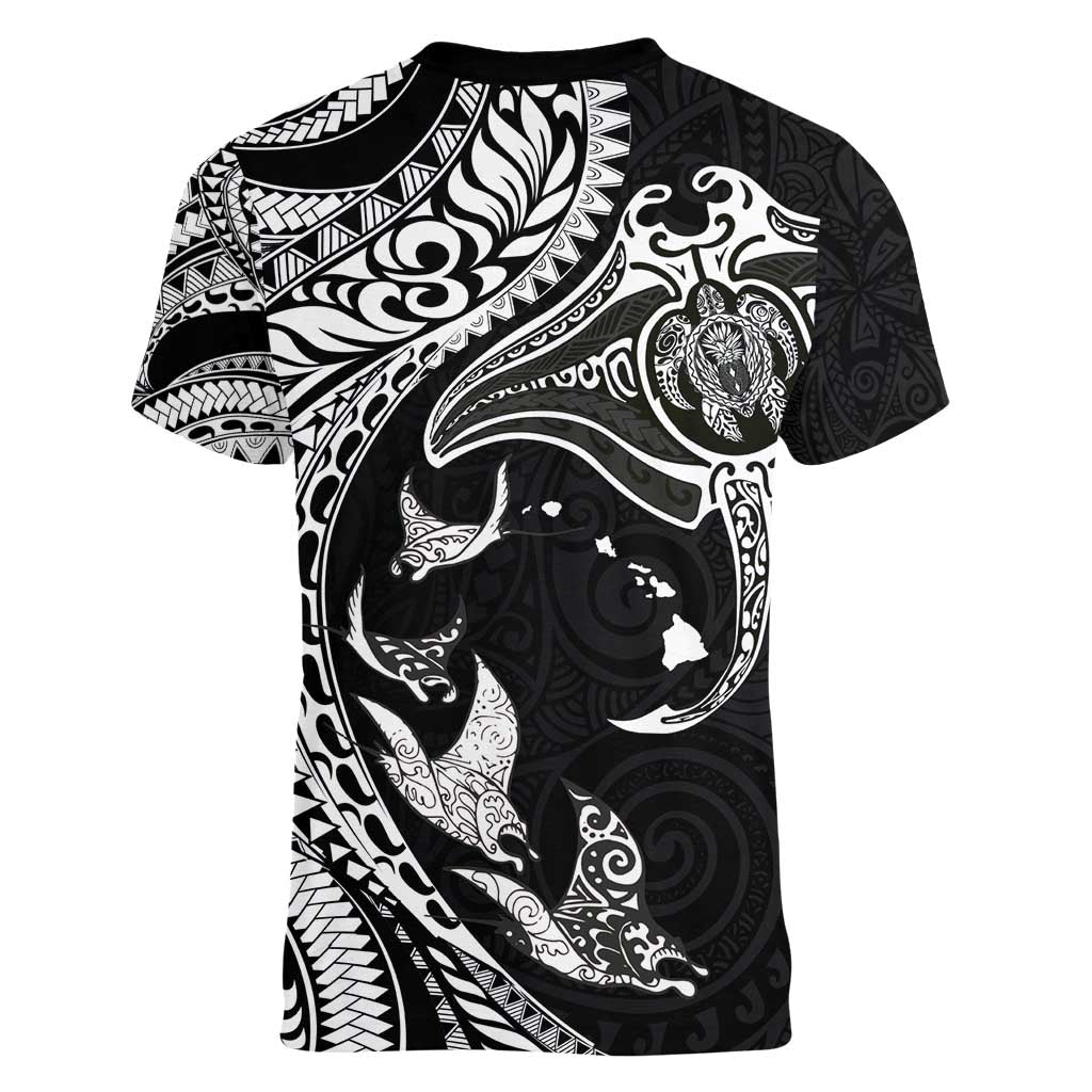 Hawaiian Manta Ray and Polynesian Tribal Tattoo Women V-Neck T-Shirt Black Color LT03