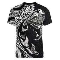 Hawaiian Manta Ray and Polynesian Tribal Tattoo Women V-Neck T-Shirt Black Color LT03