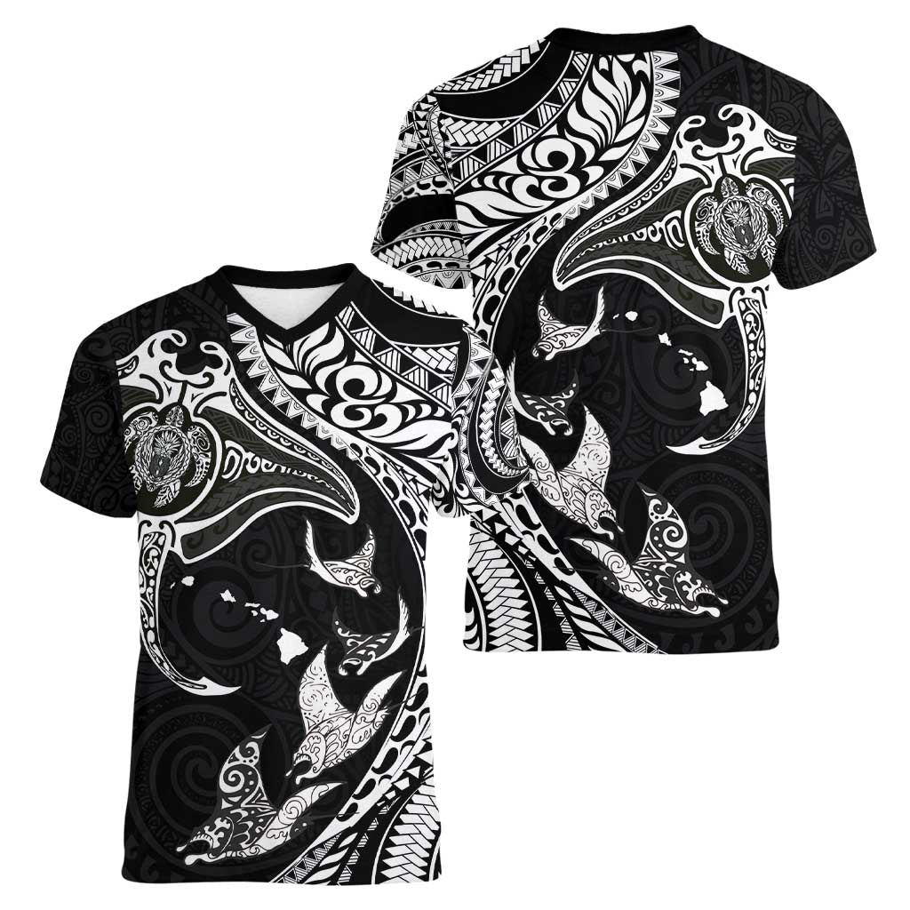 Hawaiian Manta Ray and Polynesian Tribal Tattoo Women V-Neck T-Shirt Black Color LT03