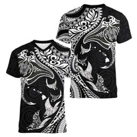 Hawaiian Manta Ray and Polynesian Tribal Tattoo Women V-Neck T-Shirt Black Color LT03