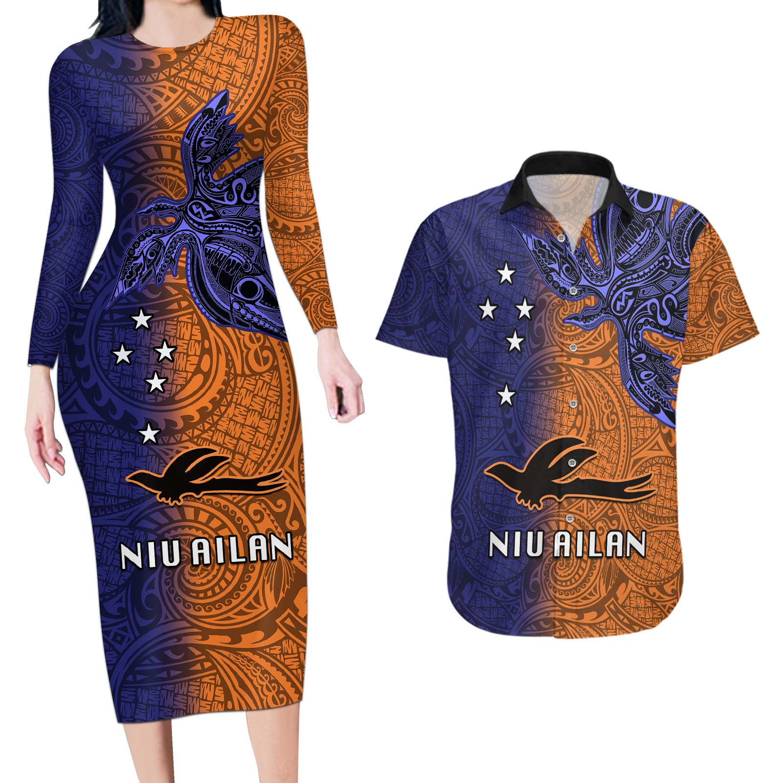 Papua New Guinea New Ireland Province Couples Matching Long Sleeve Bodycon Dress and Hawaiian Shirt PNG Birds Of Paradise Polynesian Arty Style LT03 Orange - Polynesian Pride