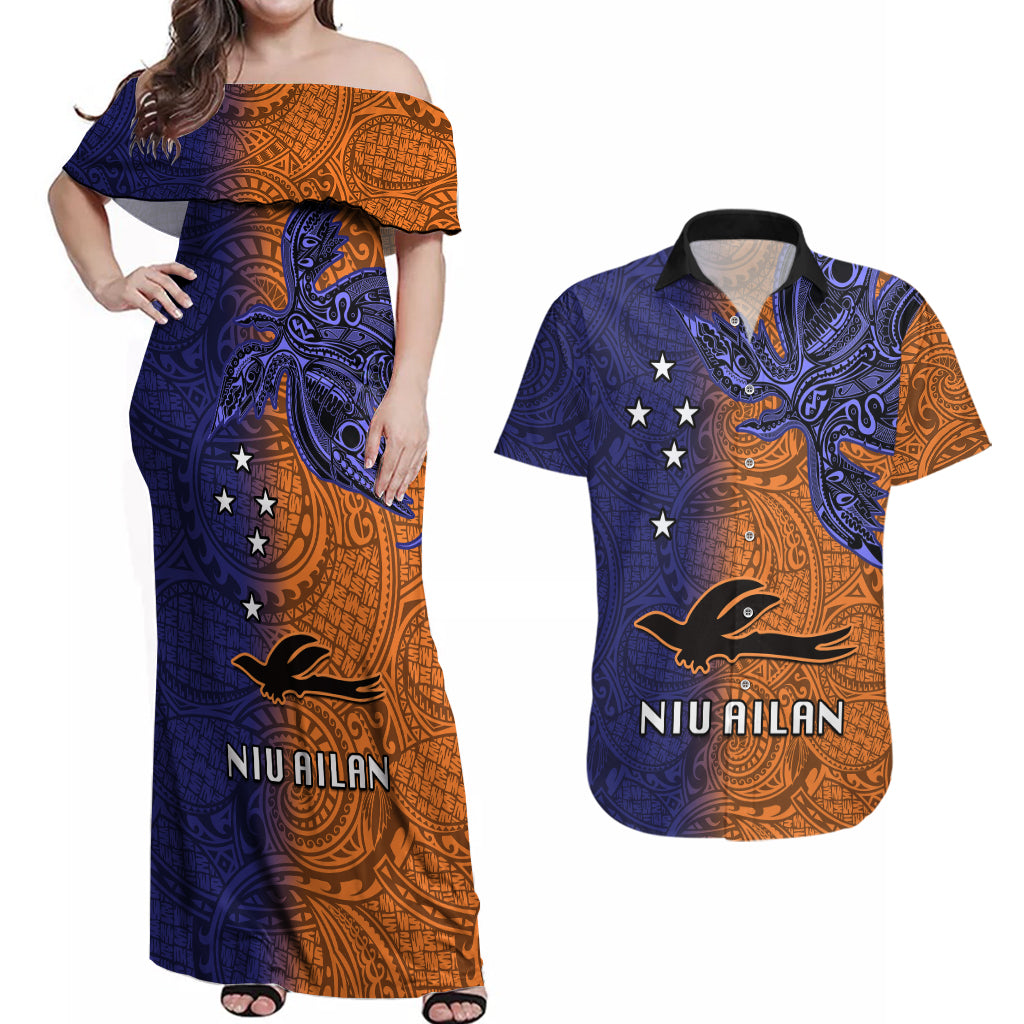 Papua New Guinea New Ireland Province Couples Matching Off Shoulder Maxi Dress and Hawaiian Shirt PNG Birds Of Paradise Polynesian Arty Style LT03 Orange - Polynesian Pride