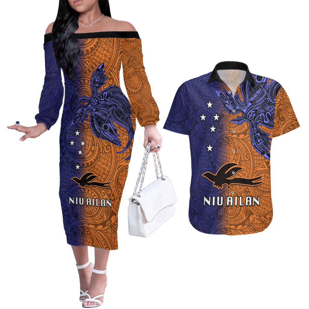 Papua New Guinea New Ireland Province Couples Matching Off The Shoulder Long Sleeve Dress and Hawaiian Shirt PNG Birds Of Paradise Polynesian Arty Style LT03 Orange - Polynesian Pride