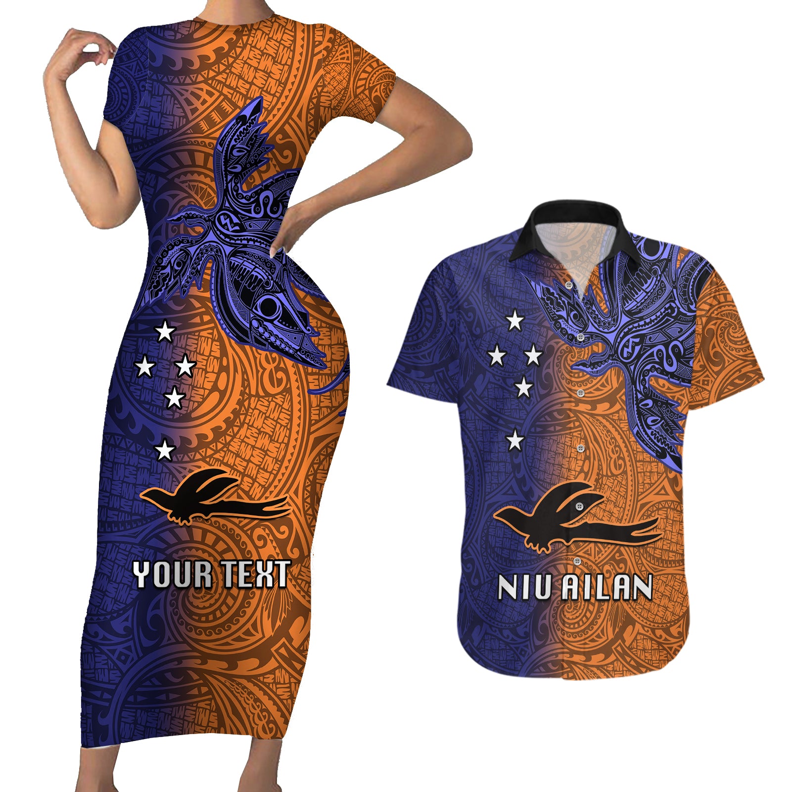 Custom Papua New Guinea New Ireland Province Couples Matching Short Sleeve Bodycon Dress and Hawaiian Shirt PNG Birds Of Paradise Polynesian Arty Style LT03 Orange - Polynesian Pride