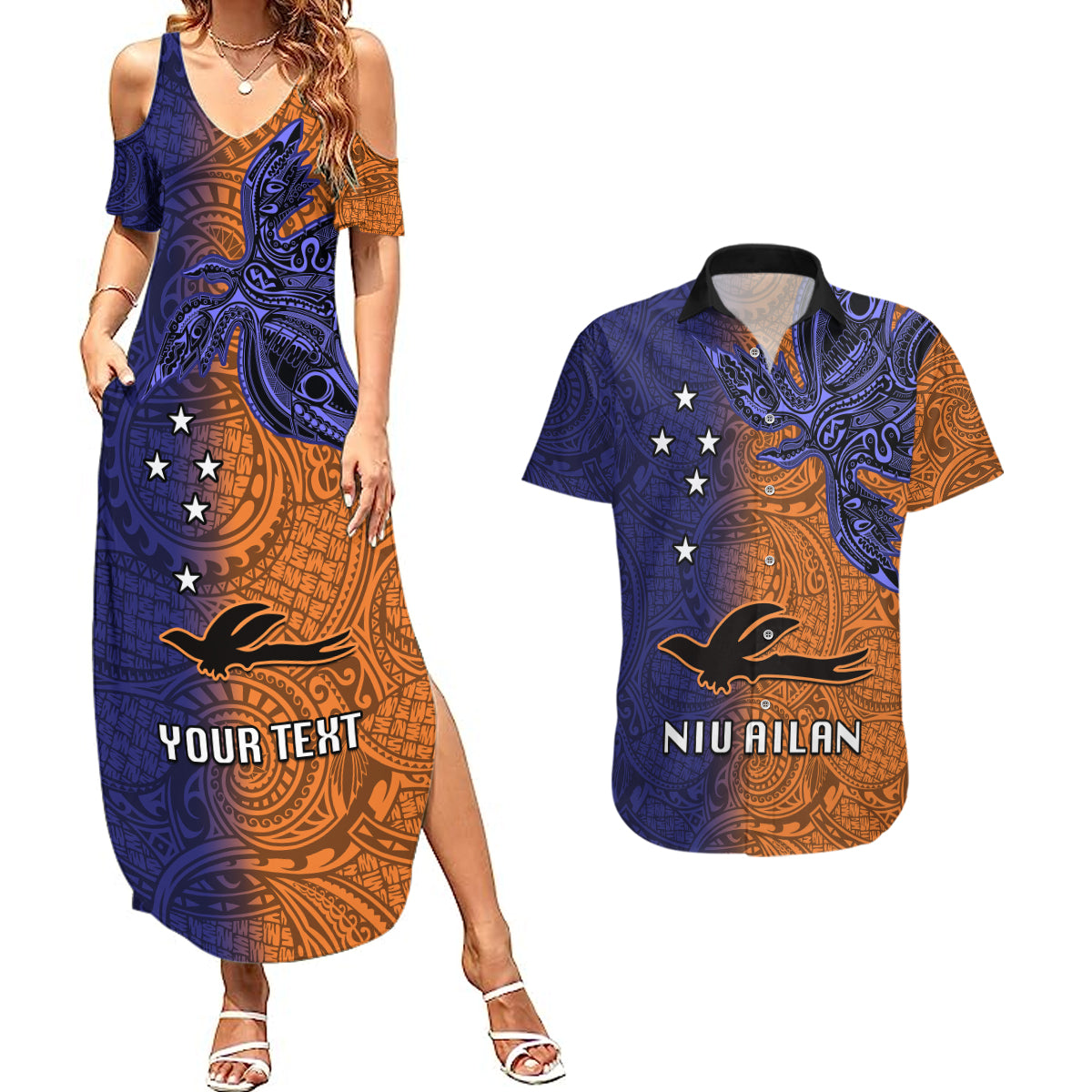 Custom Papua New Guinea New Ireland Province Couples Matching Summer Maxi Dress and Hawaiian Shirt PNG Birds Of Paradise Polynesian Arty Style LT03 Orange - Polynesian Pride