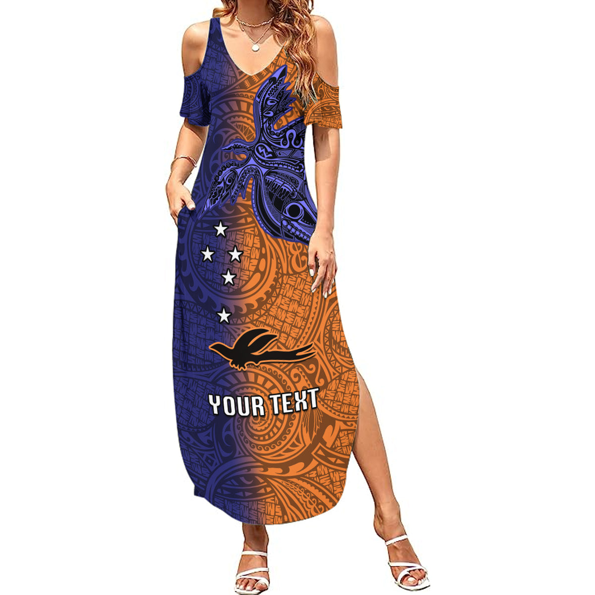 Custom Papua New Guinea New Ireland Province Summer Maxi Dress PNG Birds Of Paradise Polynesian Arty Style LT03 Women Orange - Polynesian Pride