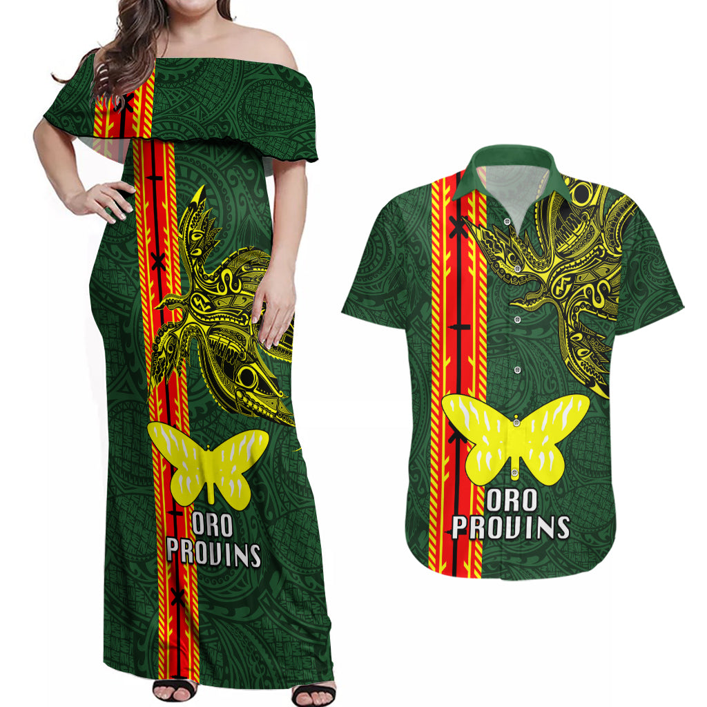 Papua New Guinea Oro Province Couples Matching Off Shoulder Maxi Dress and Hawaiian Shirt PNG Birds Of Paradise Polynesian Arty Style LT03 Green - Polynesian Pride