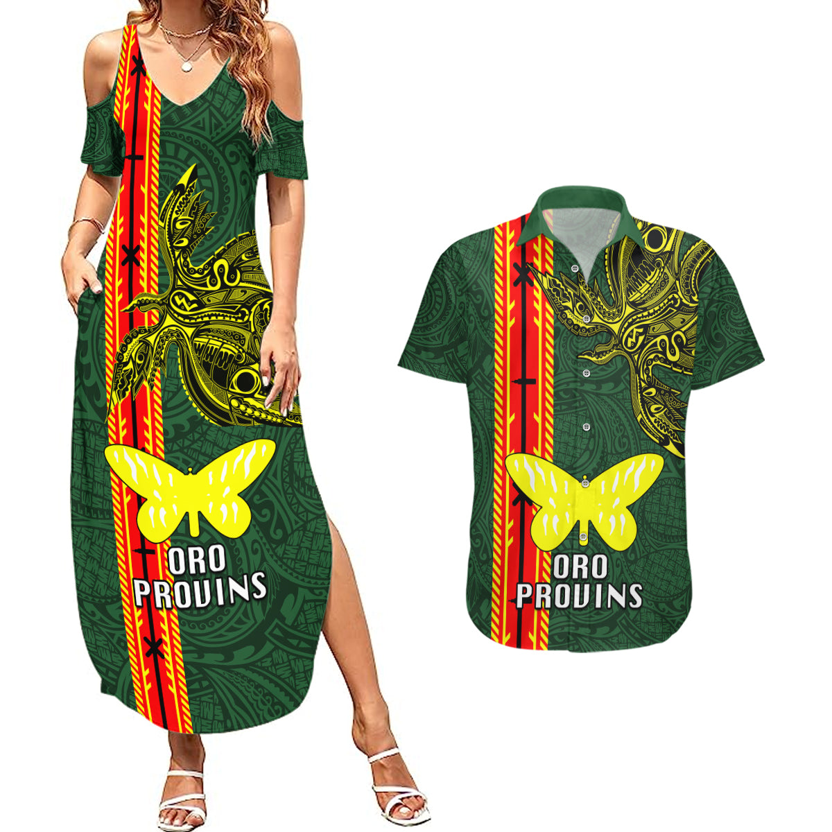 Papua New Guinea Oro Province Couples Matching Summer Maxi Dress and Hawaiian Shirt PNG Birds Of Paradise Polynesian Arty Style LT03 Green - Polynesian Pride