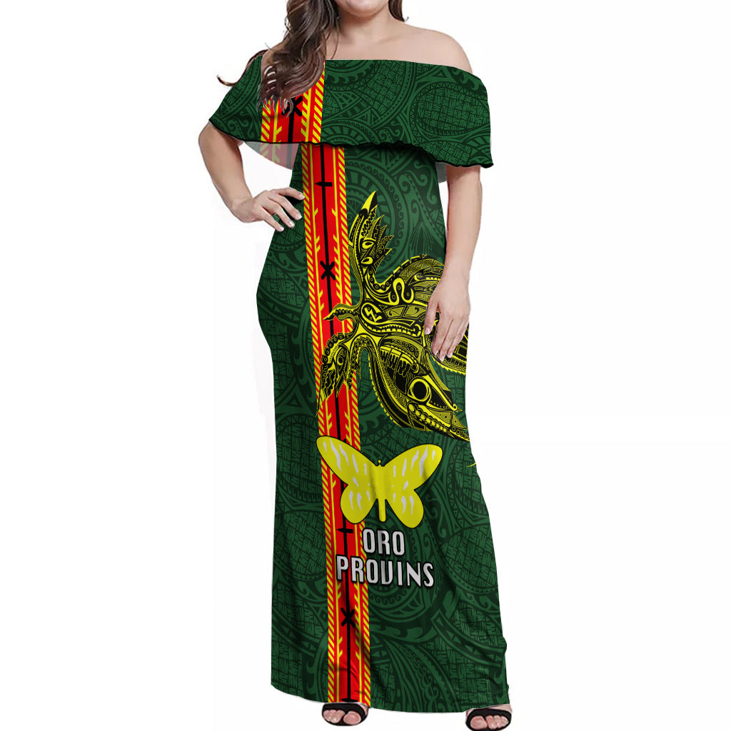 Papua New Guinea Oro Province Off Shoulder Maxi Dress PNG Birds Of Paradise Polynesian Arty Style LT03 Women Green - Polynesian Pride