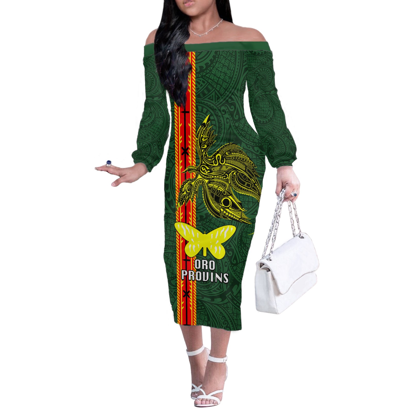 Papua New Guinea Oro Province Off The Shoulder Long Sleeve Dress PNG Birds Of Paradise Polynesian Arty Style LT03 Women Green - Polynesian Pride