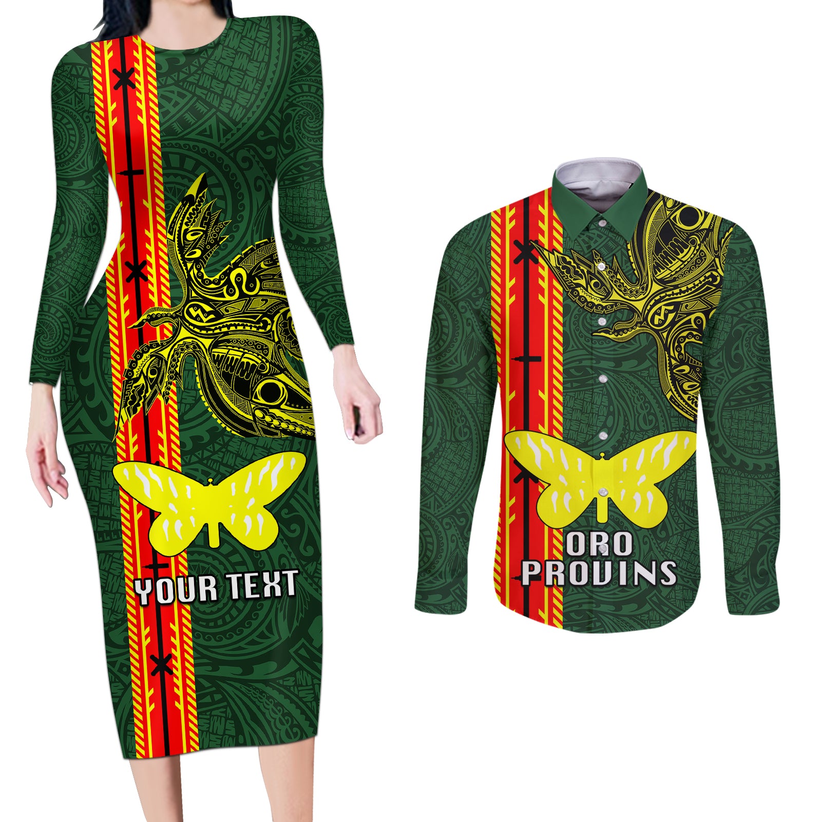 Custom Papua New Guinea Oro Province Couples Matching Long Sleeve Bodycon Dress and Long Sleeve Button Shirts PNG Birds Of Paradise Polynesian Arty Style LT03 Green - Polynesian Pride