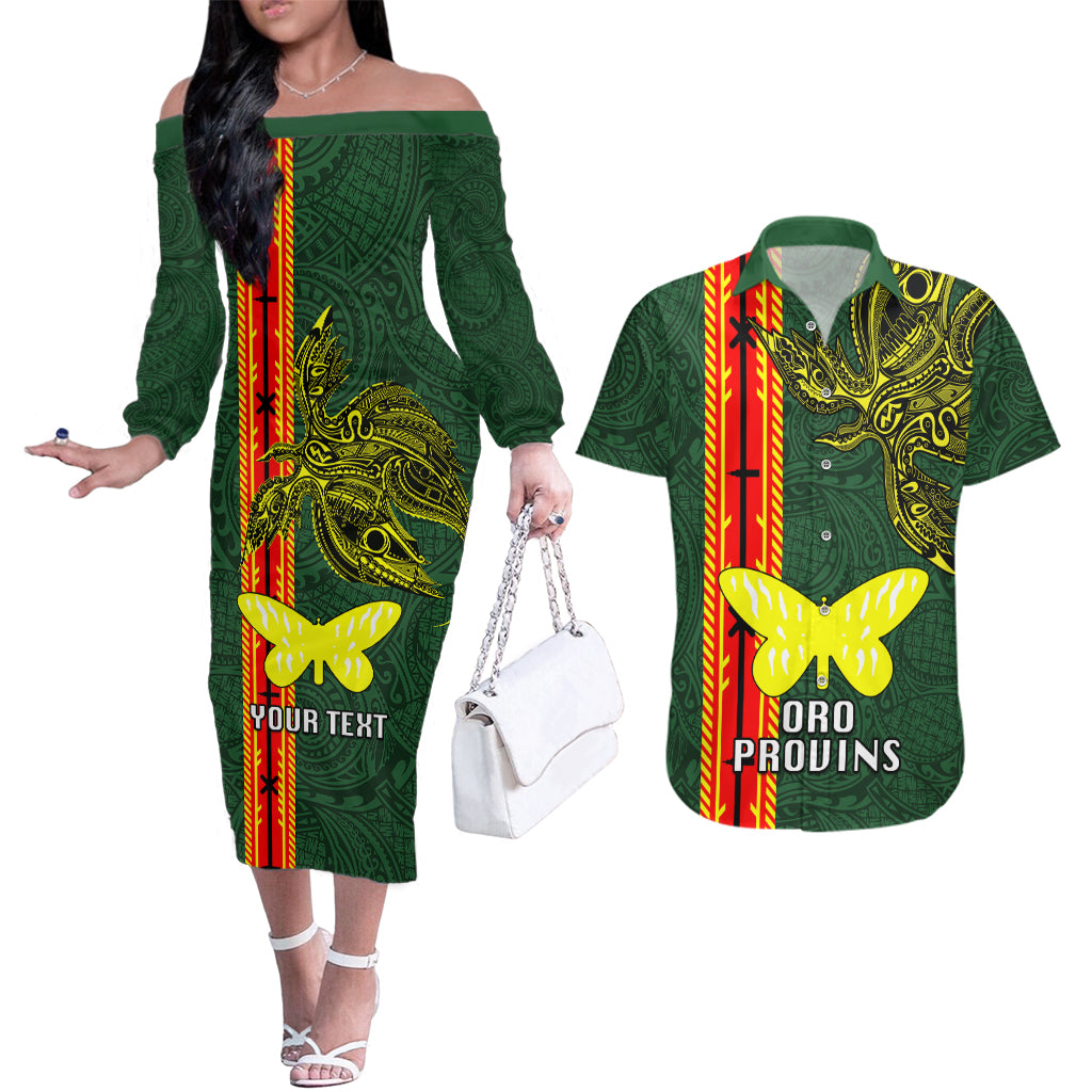 Custom Papua New Guinea Oro Province Couples Matching Off The Shoulder Long Sleeve Dress and Hawaiian Shirt PNG Birds Of Paradise Polynesian Arty Style LT03 Green - Polynesian Pride