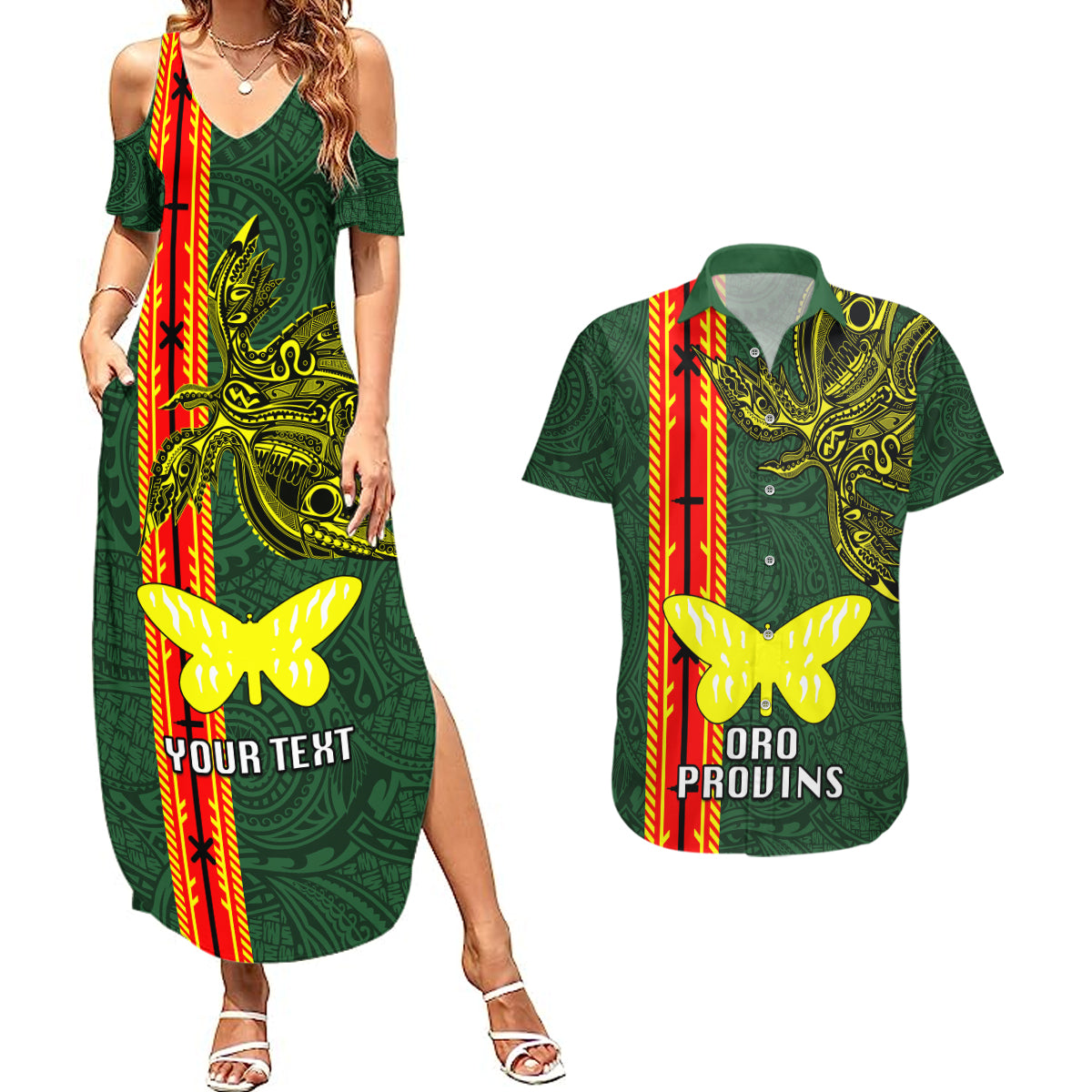 Custom Papua New Guinea Oro Province Couples Matching Summer Maxi Dress and Hawaiian Shirt PNG Birds Of Paradise Polynesian Arty Style LT03 Green - Polynesian Pride