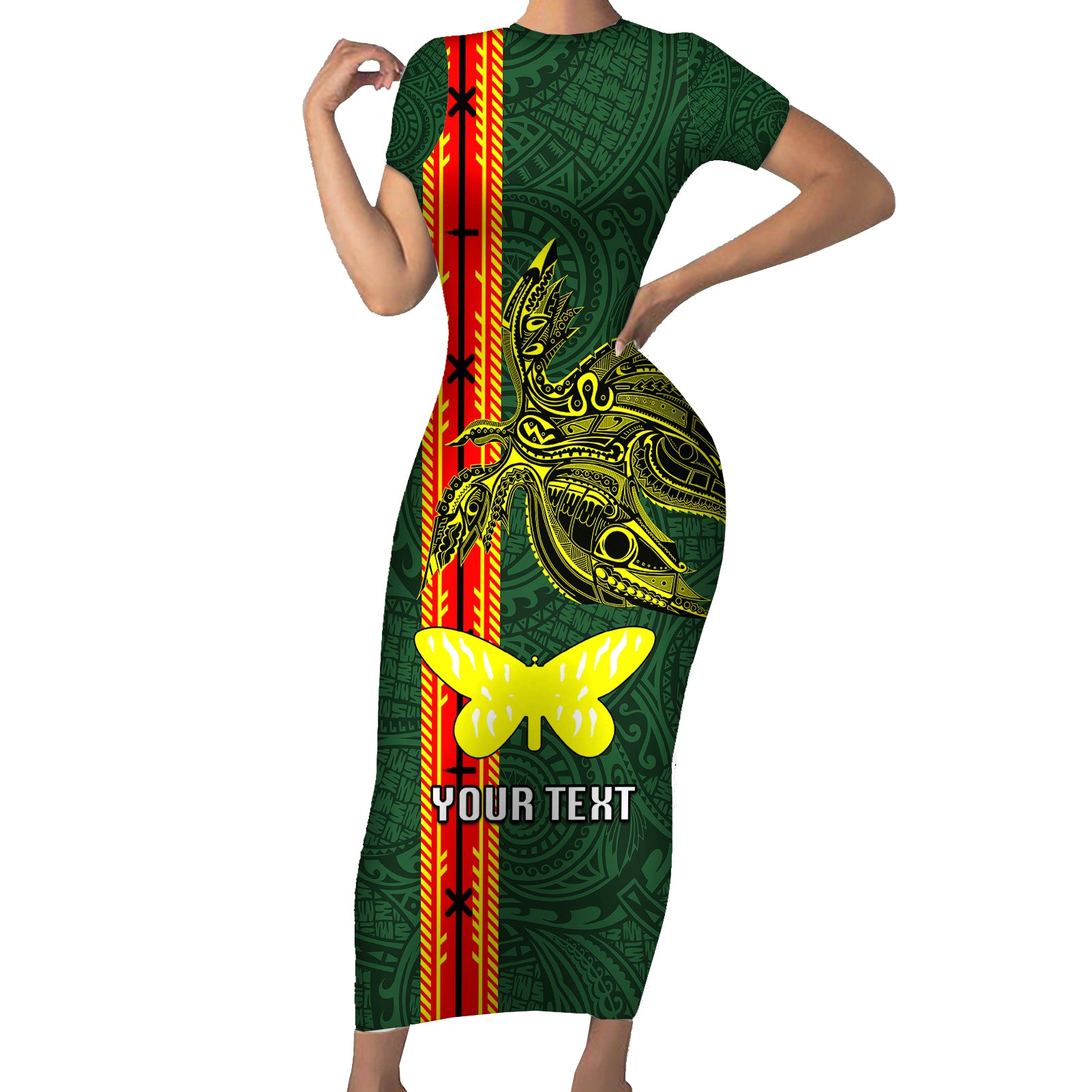 Custom Papua New Guinea Oro Province Short Sleeve Bodycon Dress PNG Birds Of Paradise Polynesian Arty Style LT03 Long Dress Green - Polynesian Pride