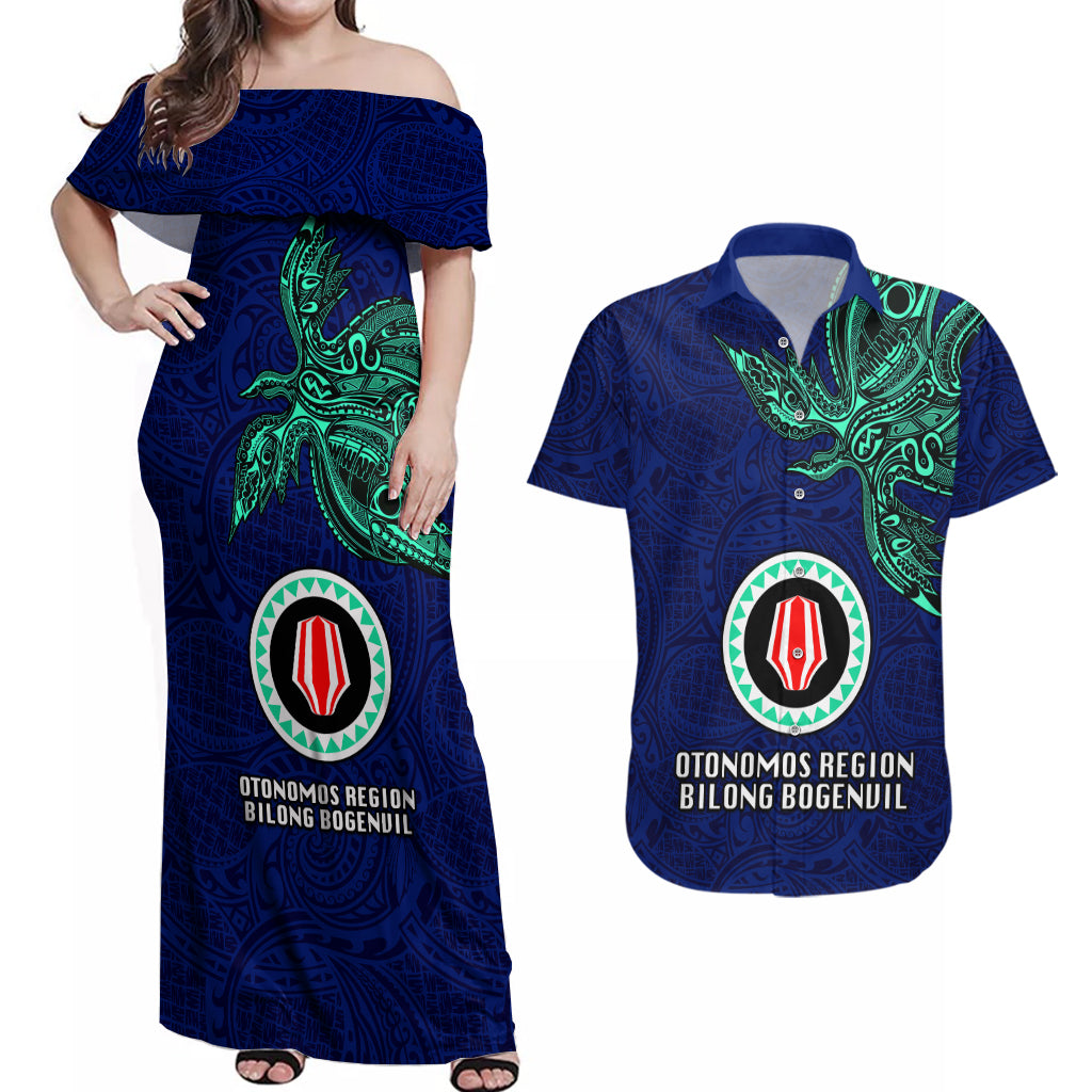Papua New Guinea Bougainville Couples Matching Off Shoulder Maxi Dress and Hawaiian Shirt PNG Birds Of Paradise Polynesian Arty Style LT03 Blue - Polynesian Pride