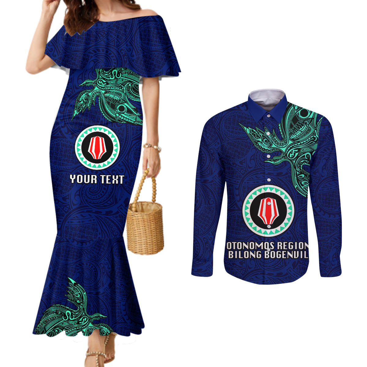 Custom Papua New Guinea Bougainville Couples Matching Mermaid Dress and Long Sleeve Button Shirts PNG Birds Of Paradise Polynesian Arty Style LT03 Blue - Polynesian Pride