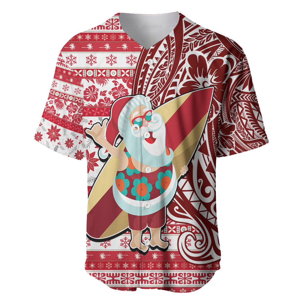 Hawaii Mele Kalikimaka Baseball Jersey Santa Claus Surfing with Hawaiian Pattern Striped Red Style LT03 Red - Polynesian Pride