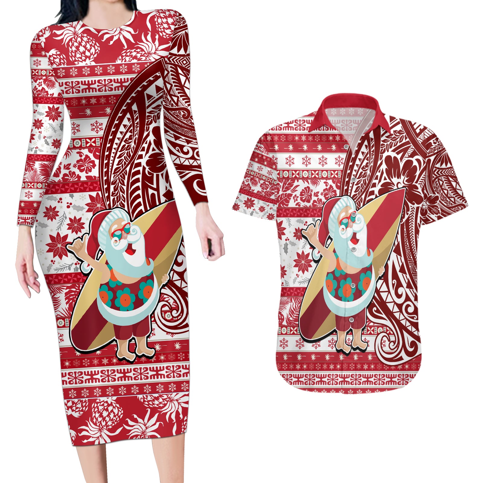 Hawaii Mele Kalikimaka Couples Matching Long Sleeve Bodycon Dress and Hawaiian Shirt Santa Claus Surfing with Hawaiian Pattern Striped Red Style LT03 Red - Polynesian Pride