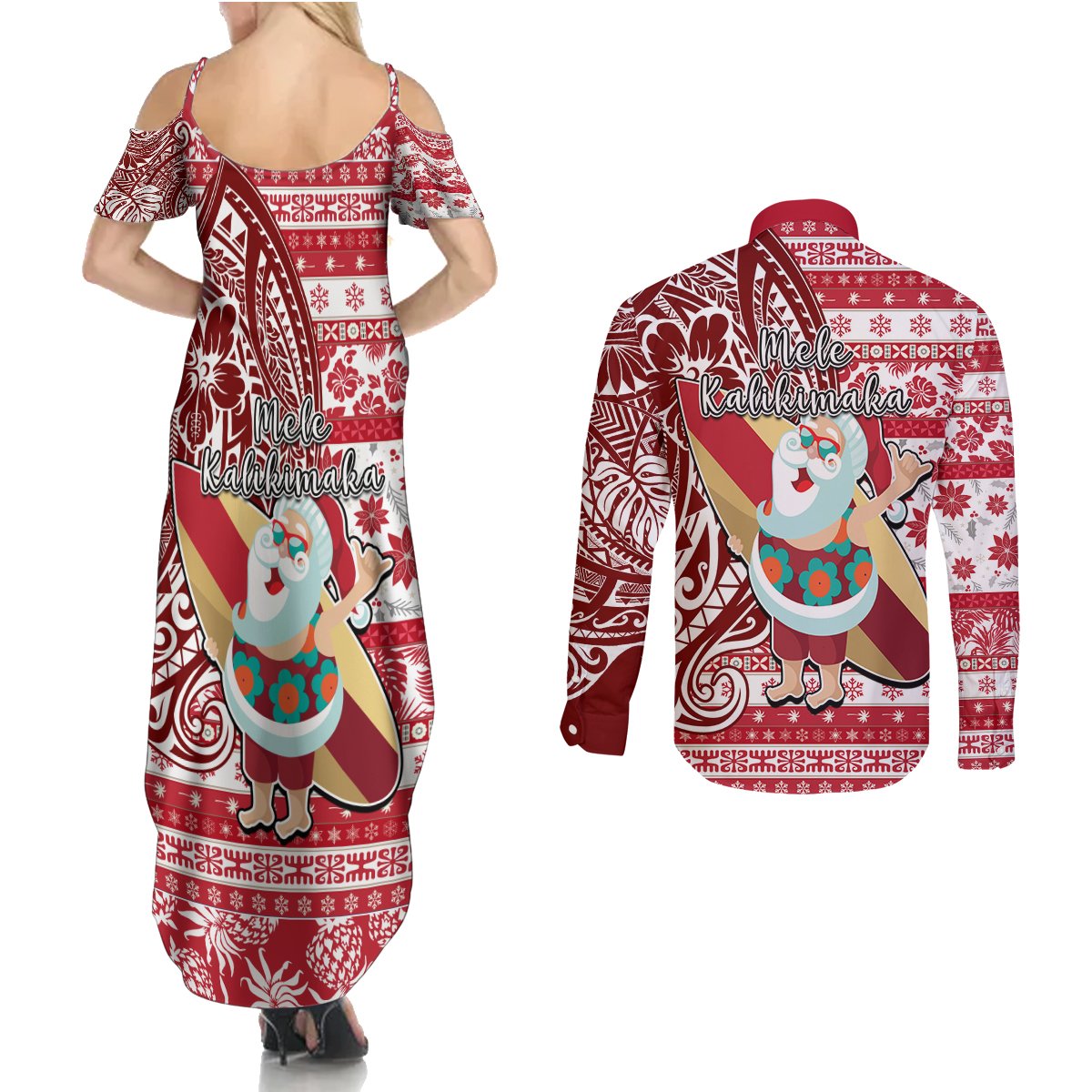 Hawaii Mele Kalikimaka Couples Matching Summer Maxi Dress and Long Sleeve Button Shirt Santa Claus Surfing with Hawaiian Pattern Striped Red Style LT03 - Polynesian Pride